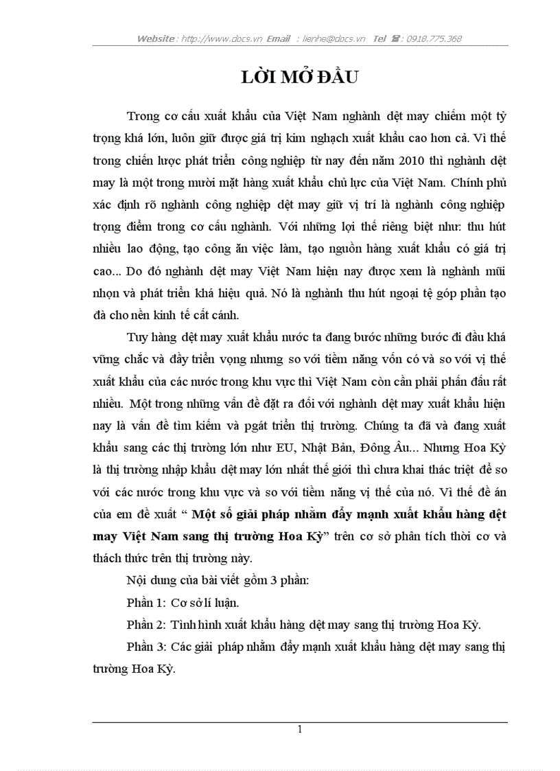 Một số giải pháp nhằm đẩy mạnh xuất khẩu hàng dệt may Việt Nam sang thị trường Hoa Kỳ