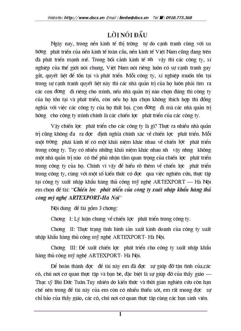 Chiến lược phát triển của công ty xuất nhập khẩu hàng thủ công mỹ nghệ ARTEXPORT Hà Nội