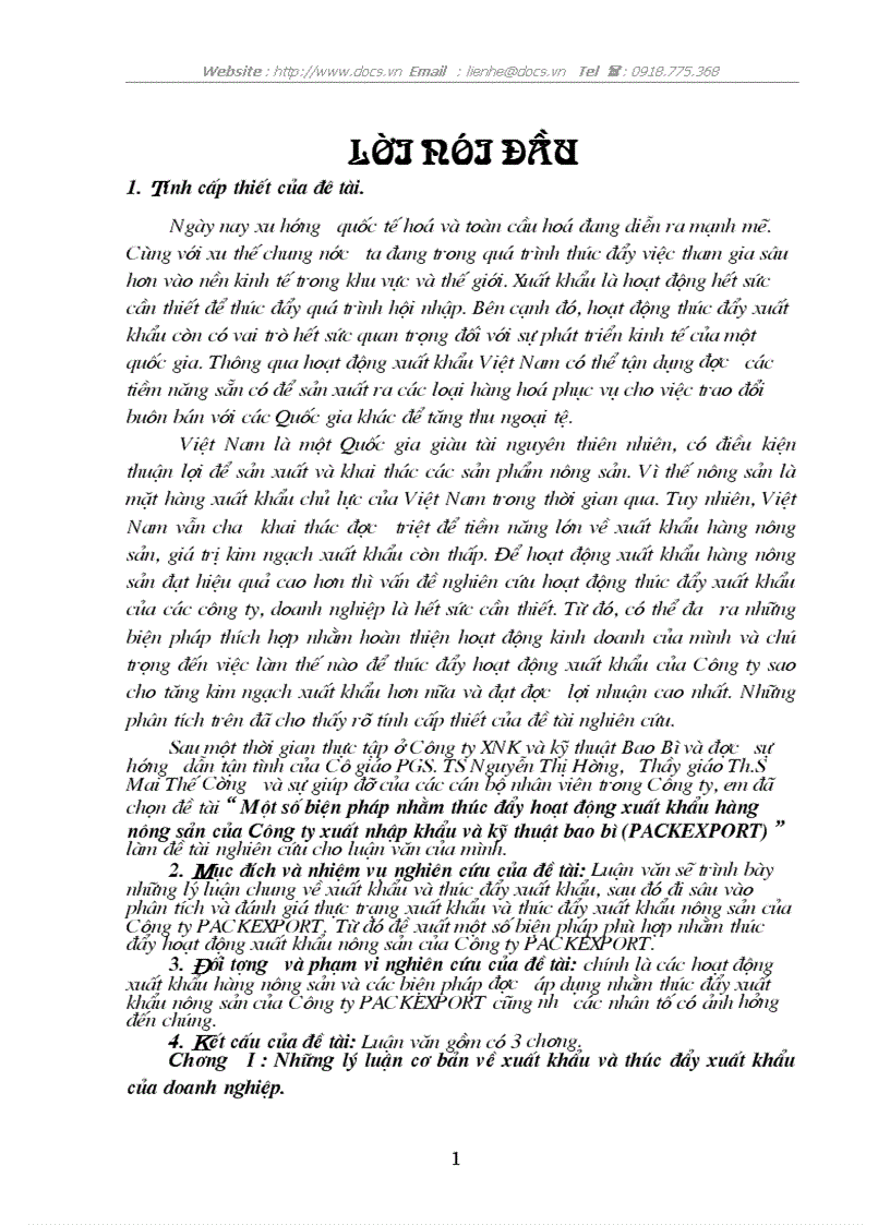 Một số biện pháp nhằm thúc đẩy hoạt động xuất khẩu hàng nông sản của Công ty xuất nhập khẩu và kỹ thuật bao bì PACKEXPORT
