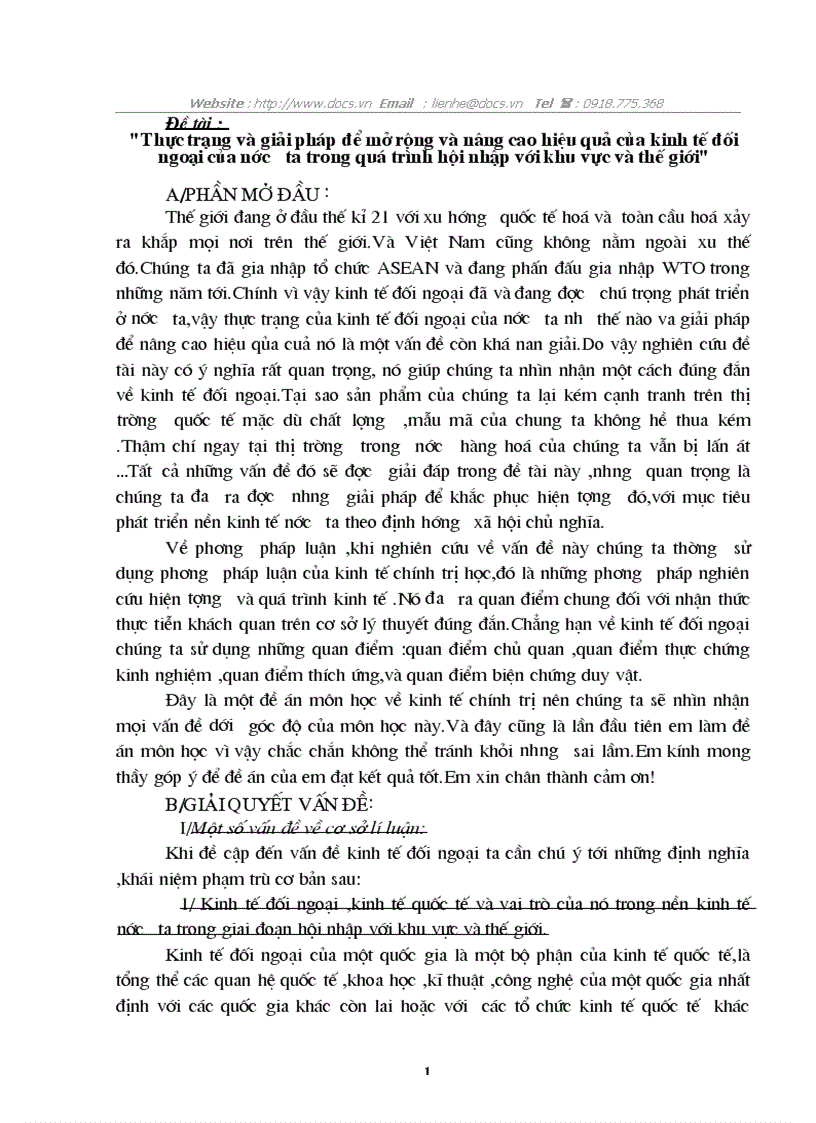 Thực trạng giải pháp để mở rộng nâng cao hiệu quả của kinh tế đối ngoại trong quá trình hội nhập với khu vực thế giới