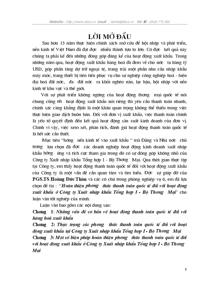 Hoàn thiện phương thức thanh toán quốc tế đối với hoạt động xuất khẩu ở Công ty Xuất nhập khẩu Tổng hợp I Bộ Thương Mại