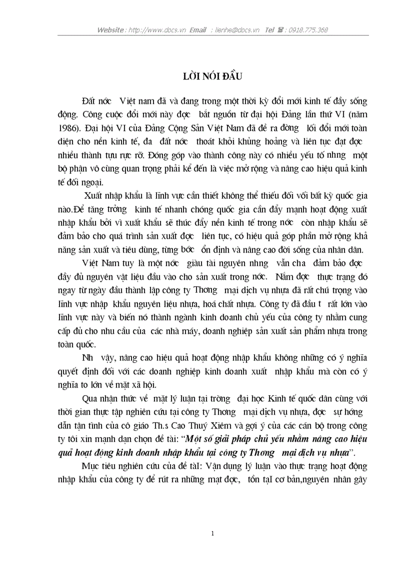 Một số giải pháp chủ yếu nhằm nâng cao hiệu quả hoạt động kinh doanh nhập khẩu tại công ty Thương mại dịch vụ nhựa
