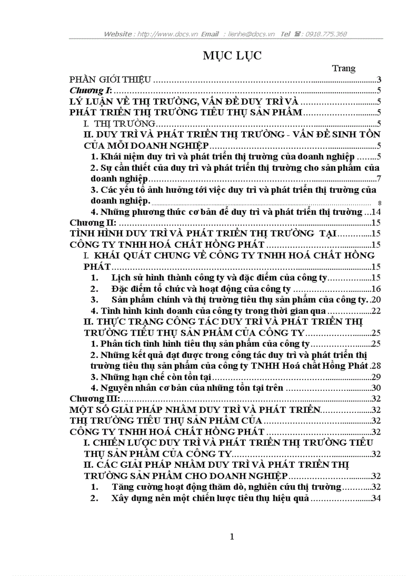 1số giải pháp nhằm duy trì phát triển thị trường TTSP của C ty TNHH Hoá chất Hồng Phát