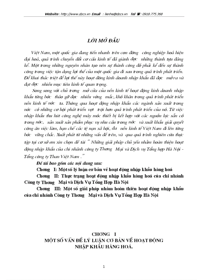 Những giải pháp chủ yếu nhằm hoàn thiện hoạt động nhập khẩu của chi nhánh công ty Thương Mại và Dịch vụ Tổng hợp Hà Nội Tổng công ty Than Việt Nam