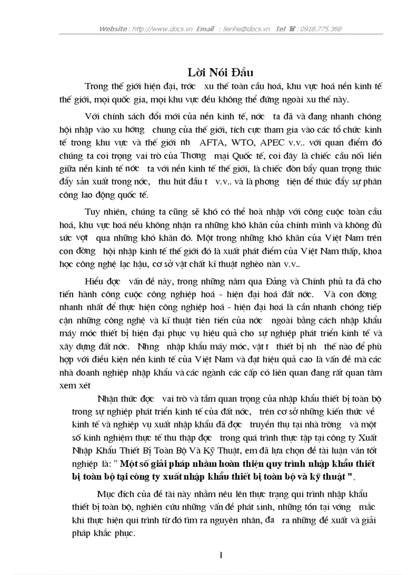 Một số giải pháp nhằm hoàn thiện quy trình nhập khẩu thiết bị toàn bộ tại công ty xuất nhập khẩu thiết bị toàn bộ và kỹ thuật