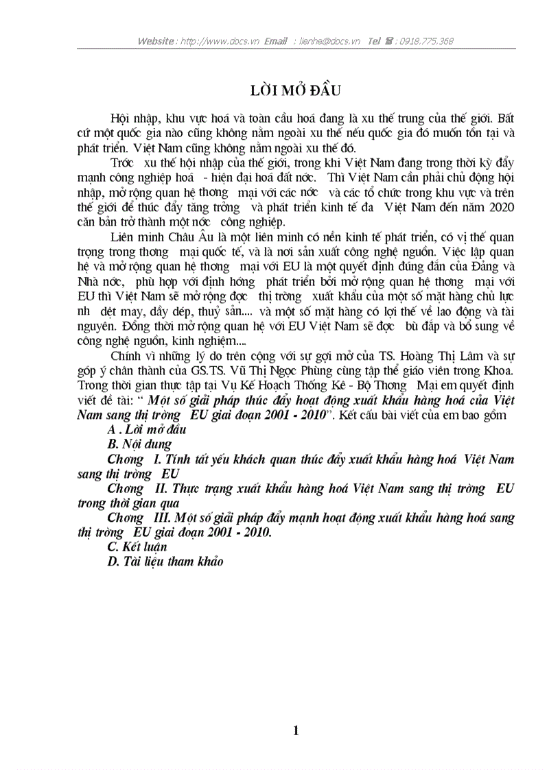 Một số giải pháp thúc đẩy hoạt động xuất khẩu hàng hoá của Việt Nam sang thị trường EU giai đoạn 2001 2010