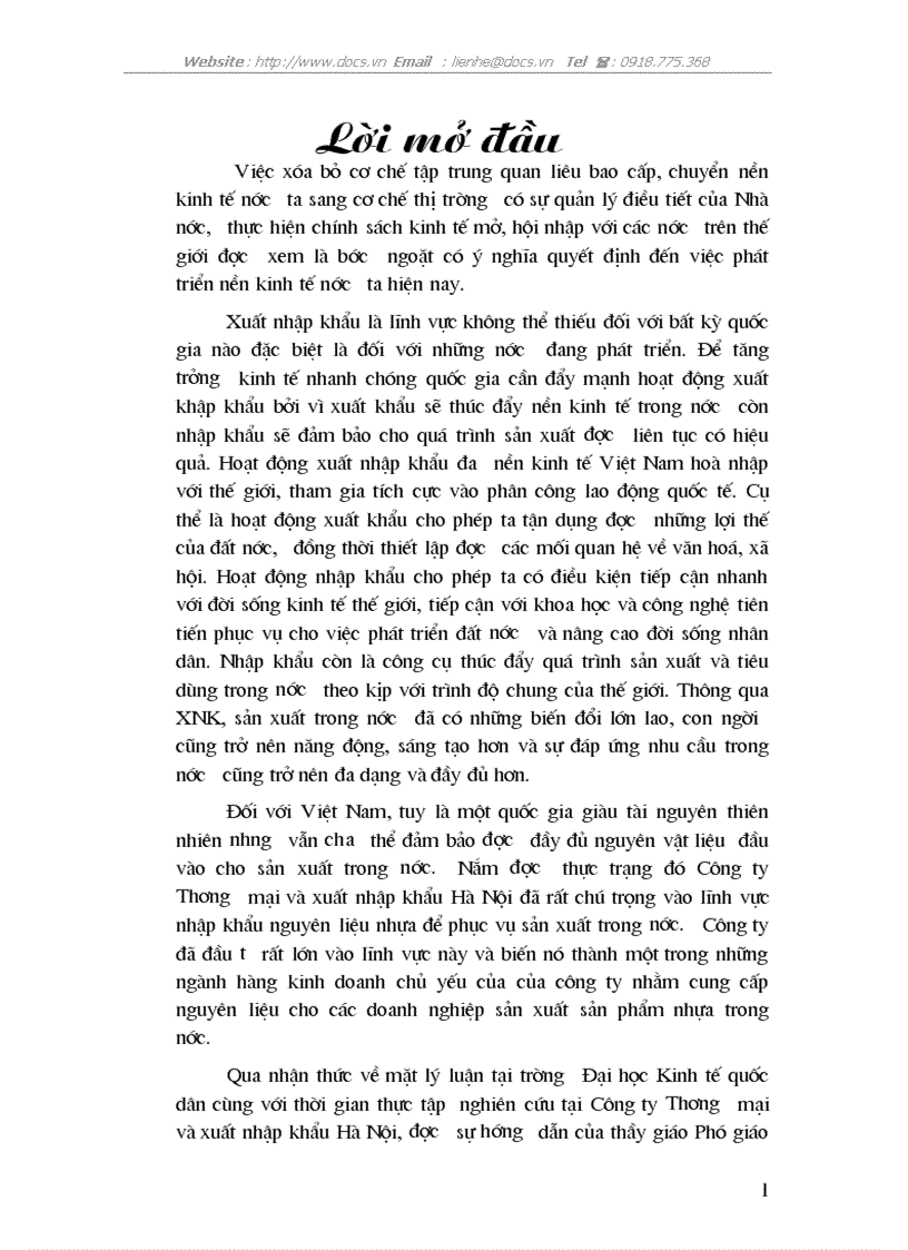Hoạt động nhập khẩu nguyên liệu nhựa phục vụ sản xuất trong nước tại Công ty Thương mại và xuất nhập khẩu Hà Nội thực trạng và giải pháp