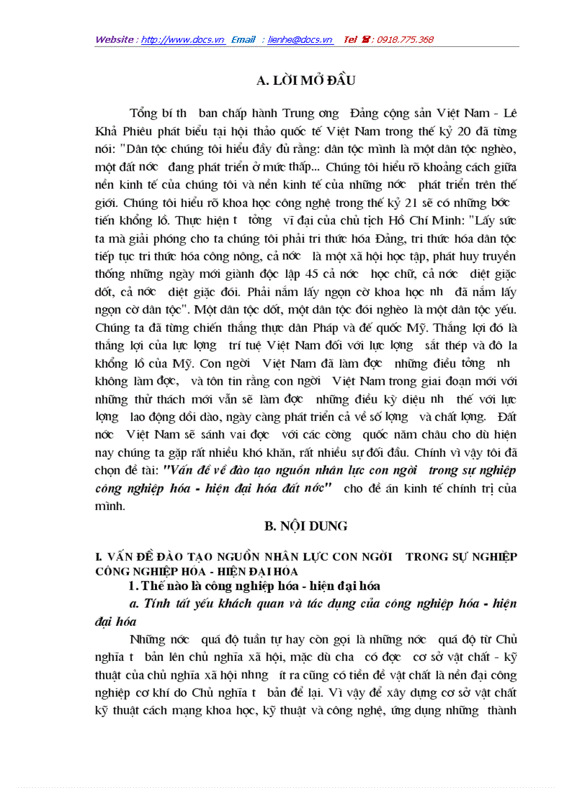 Vấn đề về đào tạo nguồn nhân lực con người trong sự nghiệp công nghiệp hóa hiện đại hóa đất nước