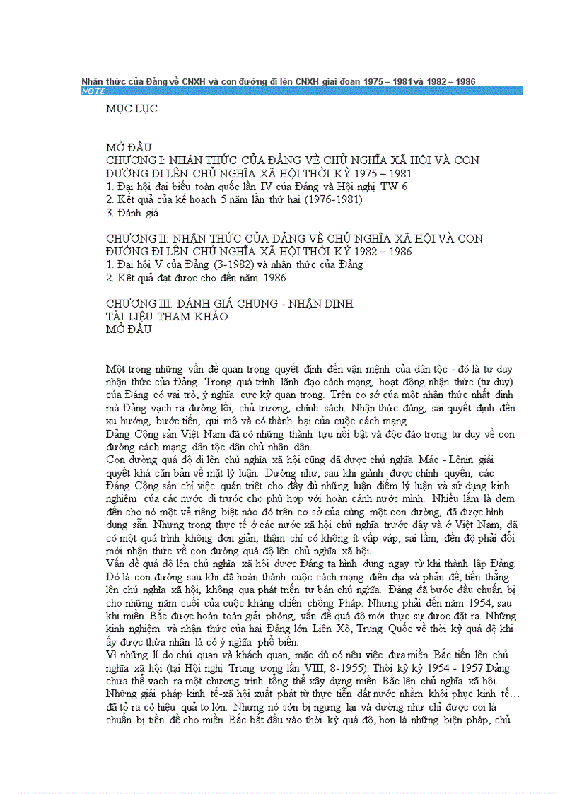 Nhận thức của Đảng về CNXH và con đường đi lên CNXH giai đoạn 1975 1981 và 1982 1986