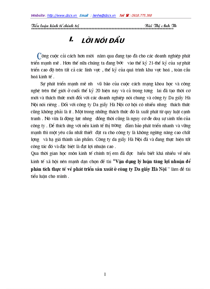 Vận dụng lý luận tăng lợi nhuận để phân tích thực tế về phát triển sản xuất ở công ty Da giầy Hà Nội