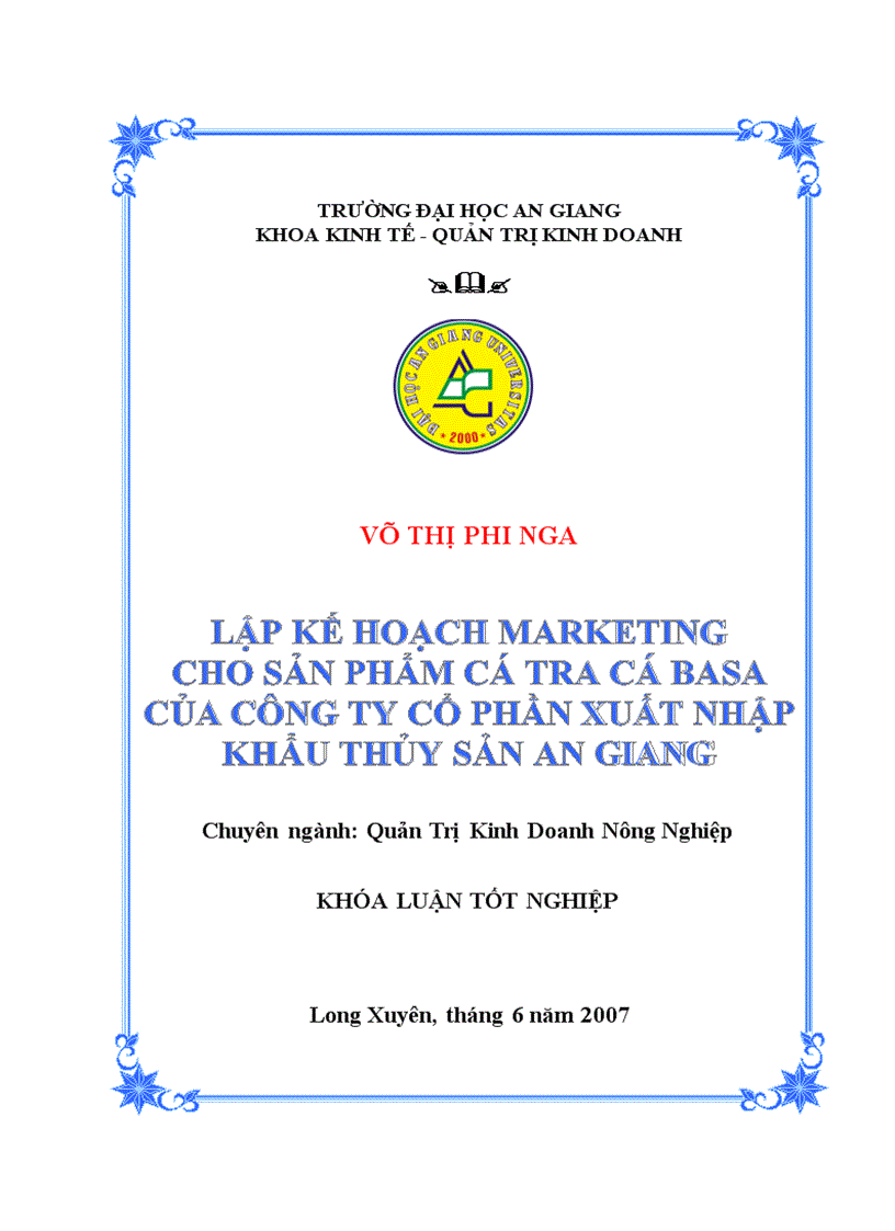 Lập kế hoạch marketing cho sản phẩm cá tra cá basa của công ty cổ phần xuất nhập khẩu thủy sản an giang