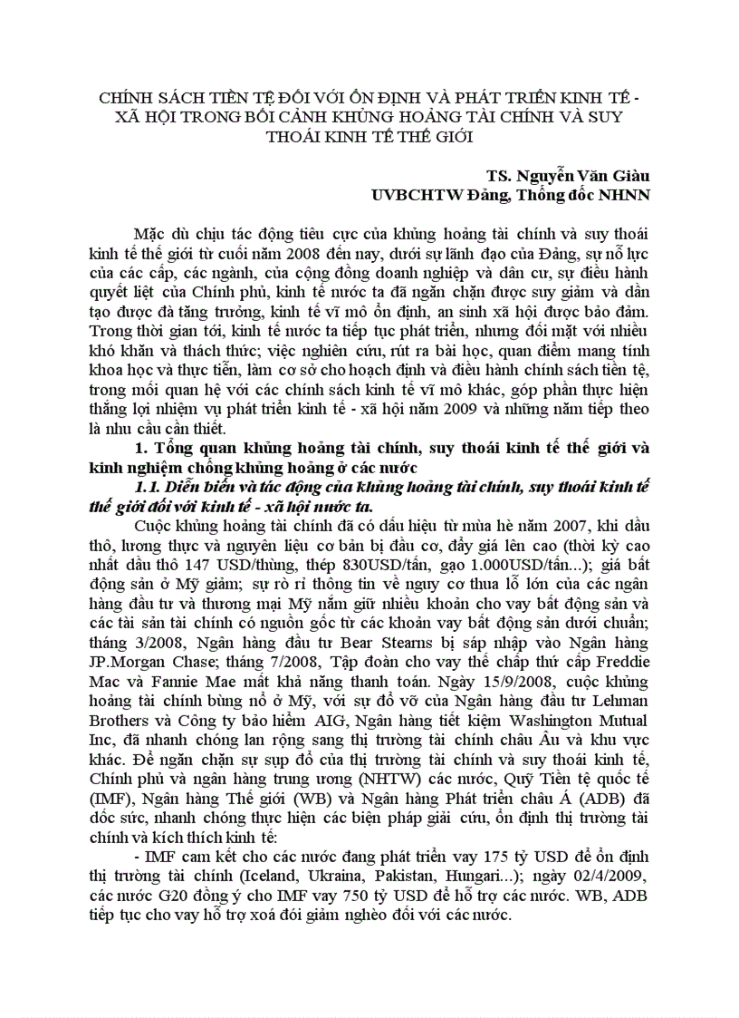 Chính sách tiền tệ đối với ổn định và phát triển kinh tế xã hội trong bối cảnh khủng hoảng tài chính và suy thoái kinh tế thế giới