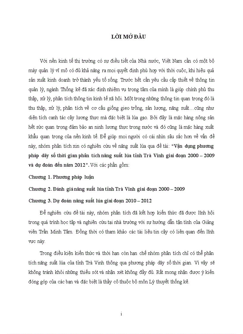 Vận dụng phương pháp dãy số thời gian phân tích năng suất lúa tỉnh Trà Vinh giai đoạn 2000 2009 và dự đoán đến năm 2012