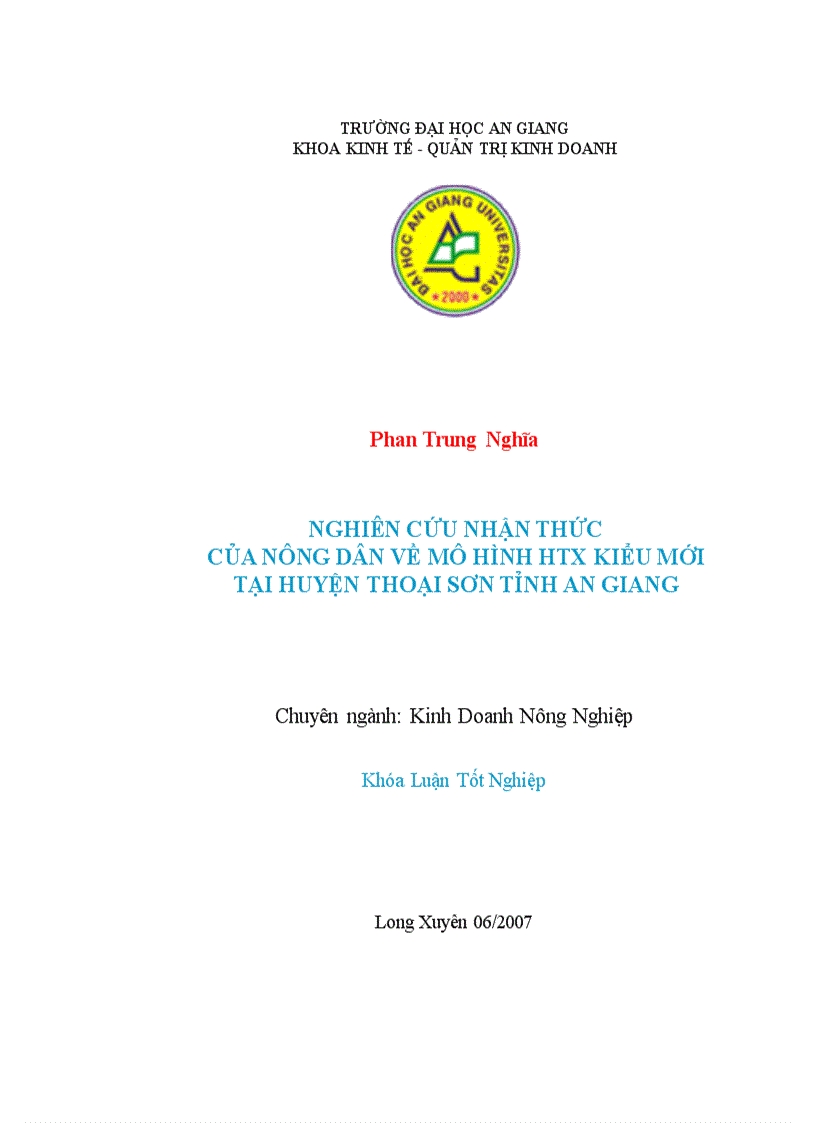 Nghiên cứu nhận thức của nông dân về mô hình htx kiểu mới tại huyện thoại sơn tỉnh an giang