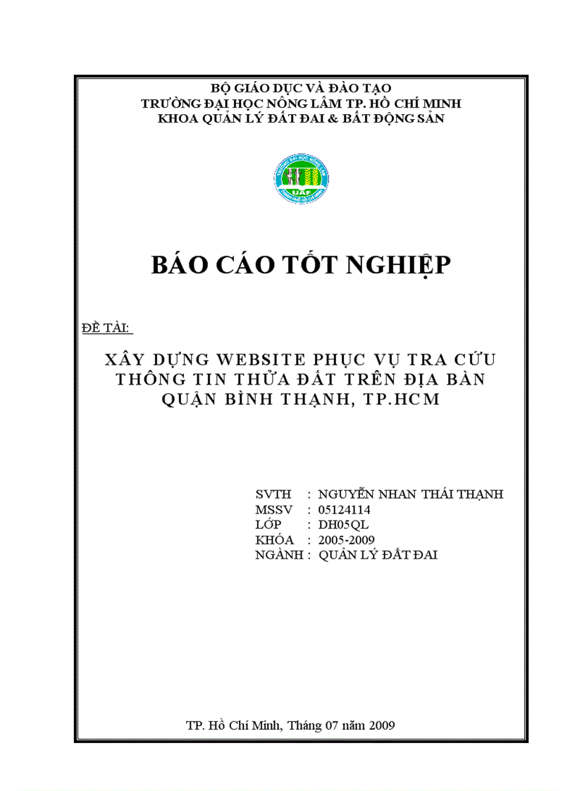 Báo cáo tốt nghiệp Xây dựng Website phục vụ tra cứu thông tin thửa đất trên địa bàn quận Bình Thạnh TPHCM