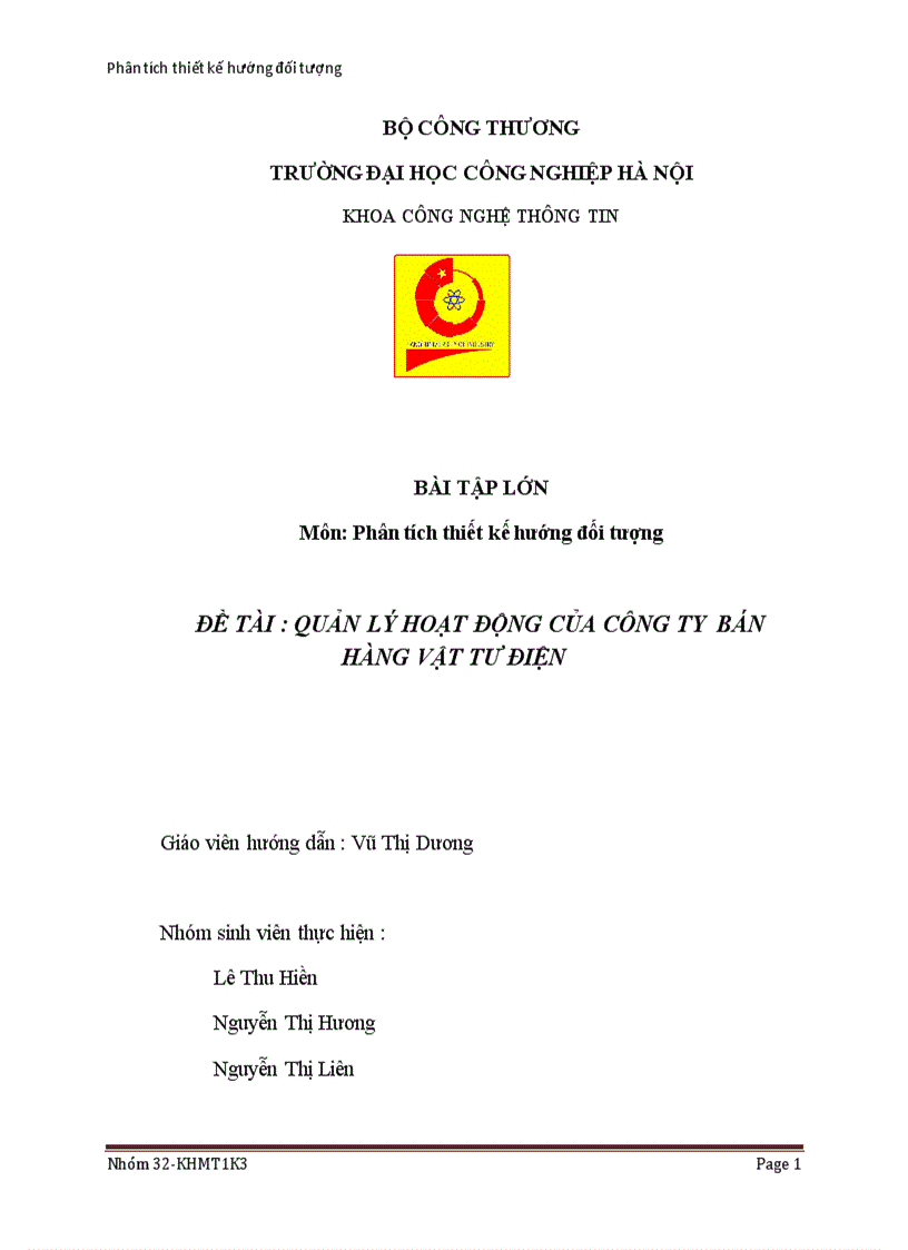 Phân tích thiết kế hướng đối tượng UML QUẢN LÝ HOẠT ĐỘNG CỦA CÔNG TY BÁN HÀNG VẬT TƯ ĐIỆN