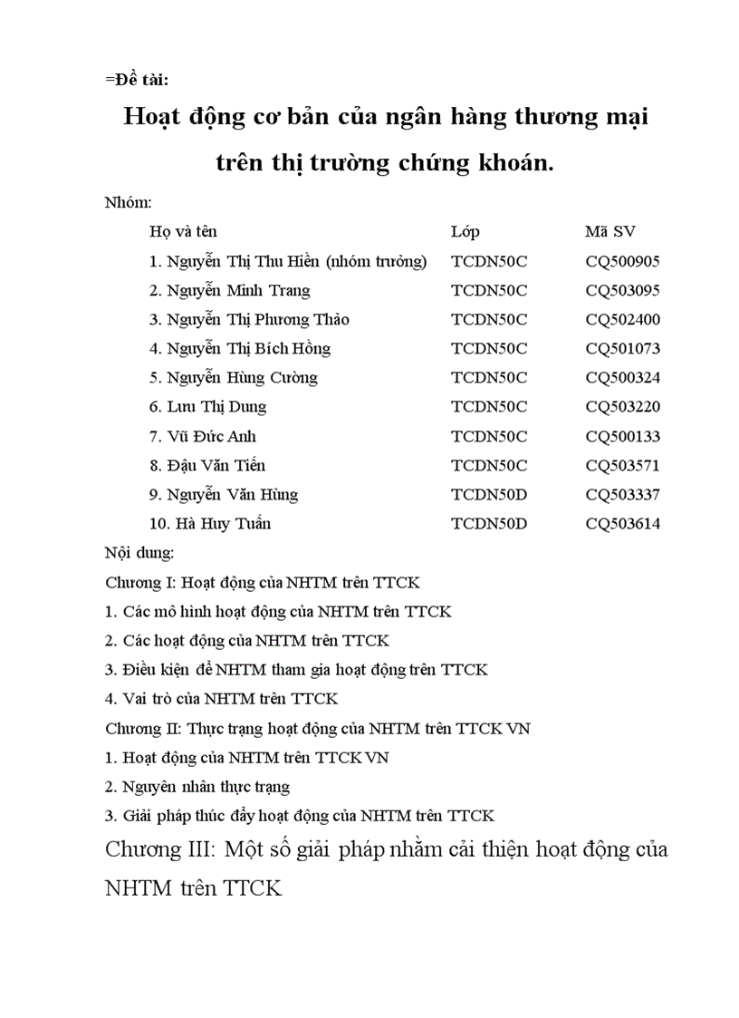 Hoạt động cơ bản của ngân hàng thương mại trên thị trường chứng khoán