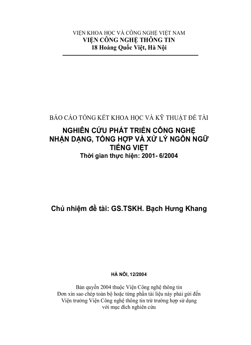 Nghiên cứu phát triển công nghệ nhận dạng tổng hợp và xử lý ngôn ngữ tiếng việt