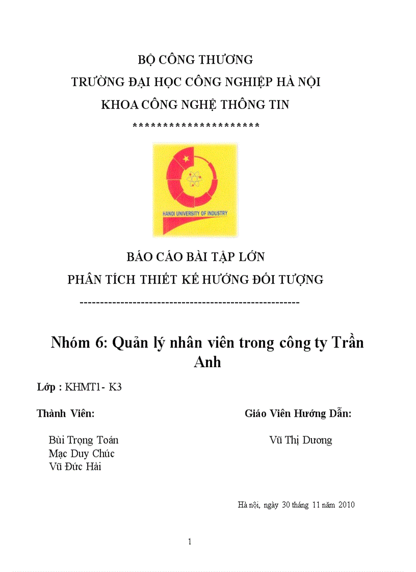 Phân tích thiết kế hướng đối tượng UML Quản lý nhân viên trong công ty Trần Anh