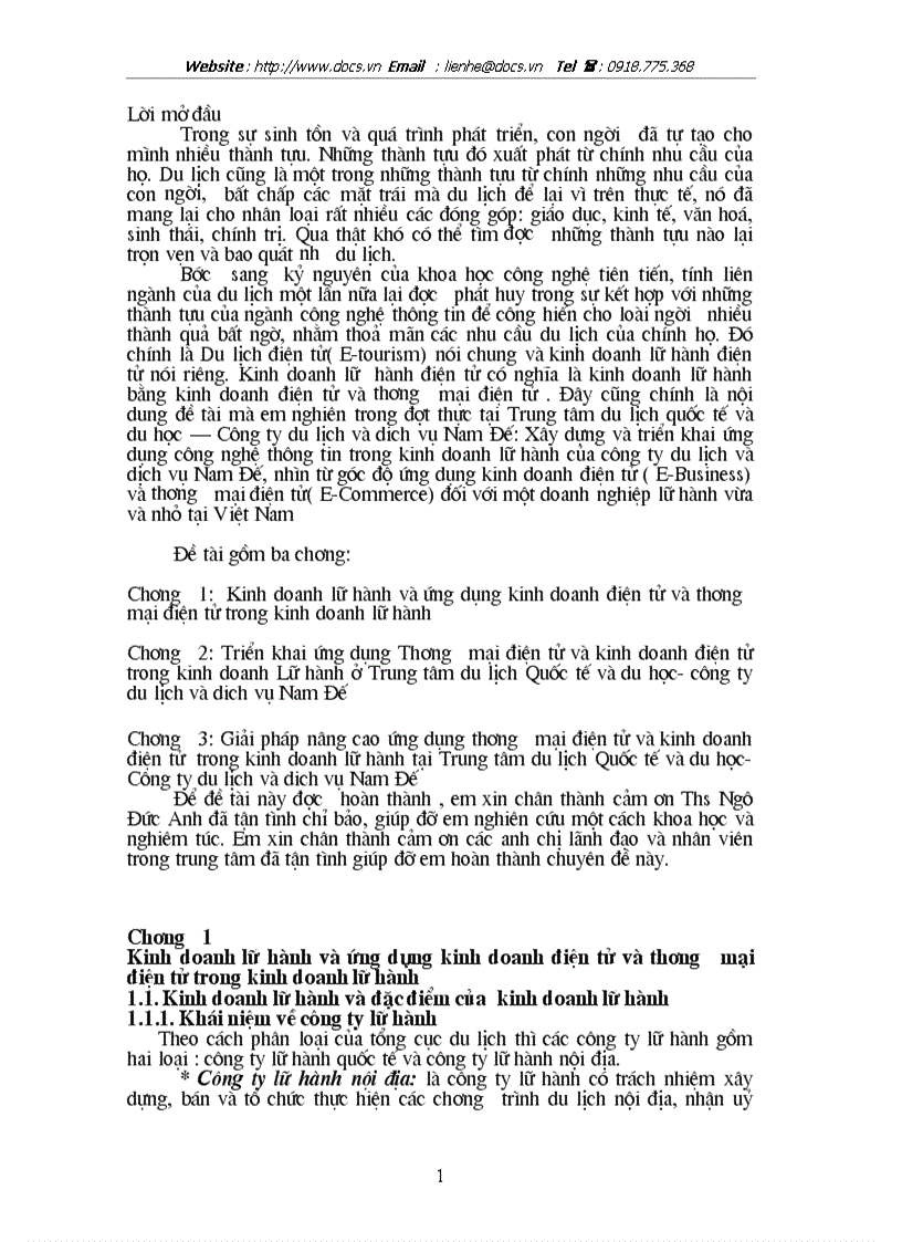 Ứng dụng thương mại điện tử và kinh doanh điện tử trong kinh doanh Lữ hành ở trung tâm du lịch