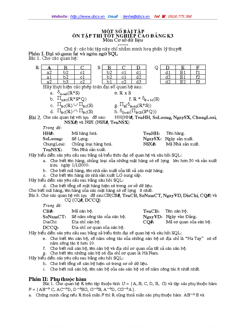 MỘT SỐ BÀI TẬP ÔN TẬP THI TỐT NGHIỆP CAO ĐẲNG K3 Môn Cơ sở dữ liệu