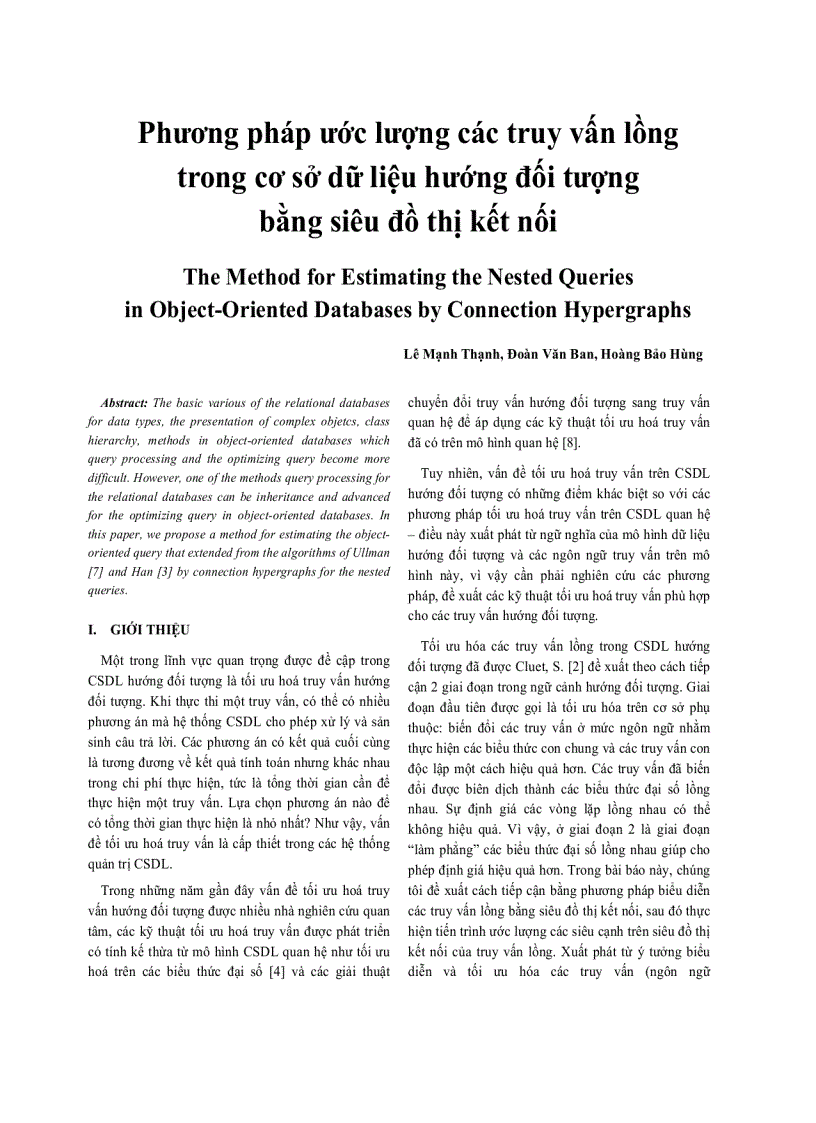Phương pháp ước lượng các truy vấn g trong cơ sở dữ liệu hướng đối tượng bằng siêu đồ thị kết nối