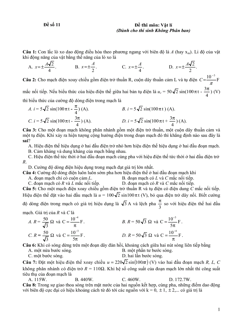 15 bộ đề thi Đại học chắc nghiệm Vật Lý năm 20