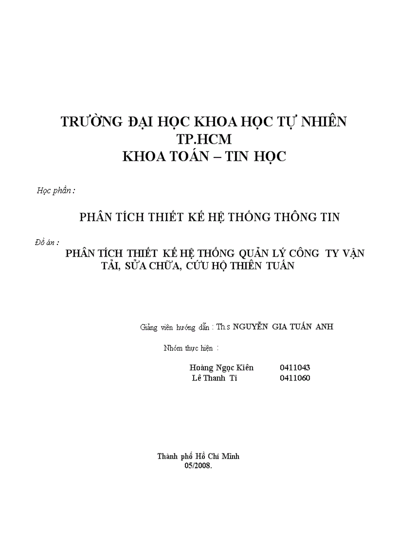 Phân tích thiết kế hệ thống quản lý công ty vận tải sửa chữa cứu hộ thiên tuấn