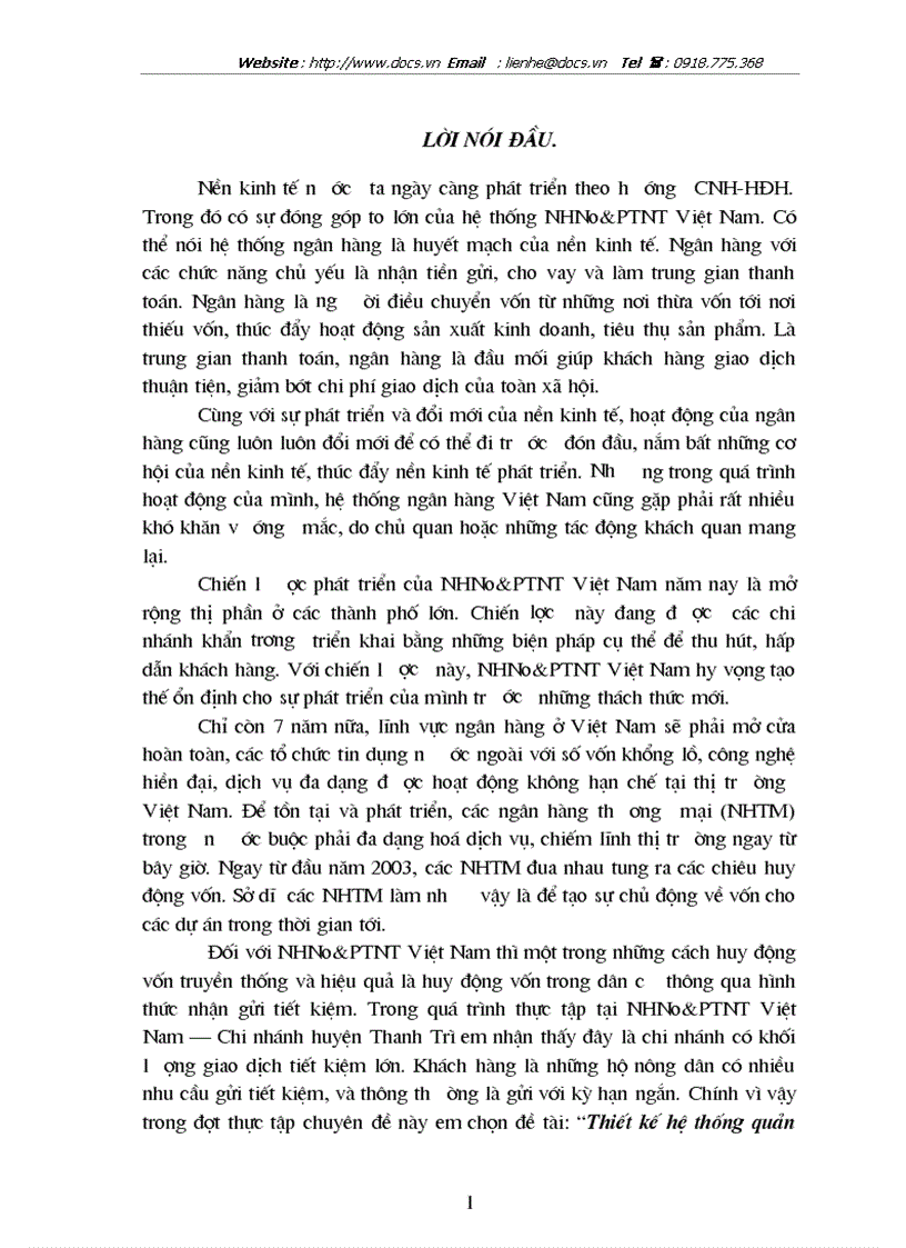 Thiết kế hệ thống quản lý tiền gửi tiết kiệm cho ngân NHNo PTNT Việt Nam chi nhánh huyện Thanh Trì