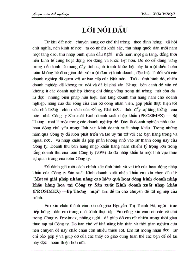 Một số giải pháp chủ yếu nhằm nâng cao hiệu quả kinh doanh nhập khẩu tại Công ty sản xuất kinh doanh xuất nhập khẩu Prosimex Bộ Thương mại