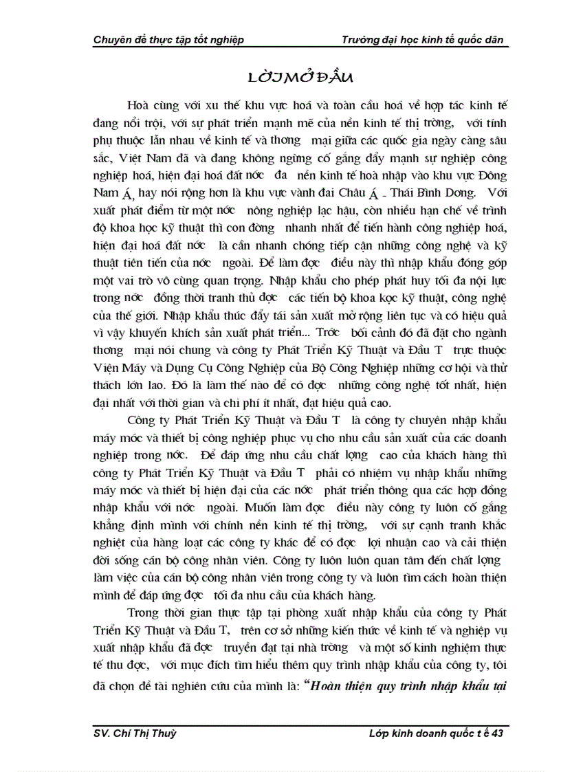 Một số giải pháp nhằm hoàn thiện quy trình nhập khẩu tại công ty Phát Triển Kỹ Thuật và Đầu Tư