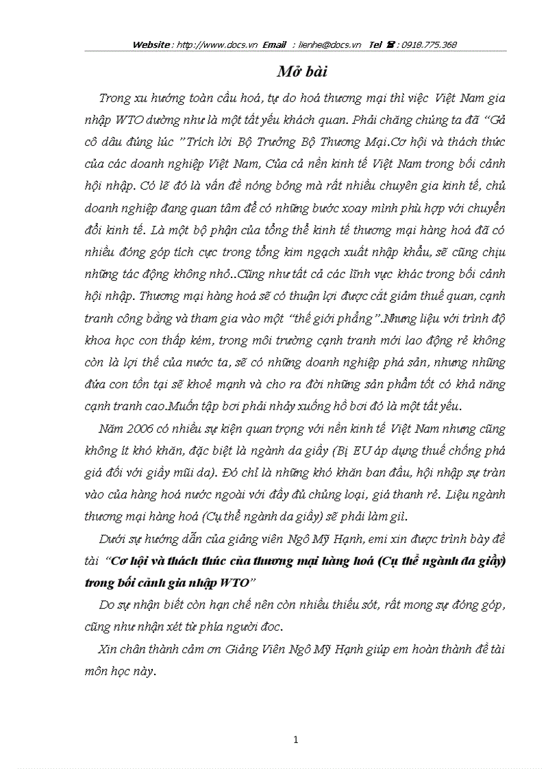 Cơ hội và thách thúc của thương mại hàng hoá Cụ thể ngành da giầy trong bối cảnh gia nhập WTO