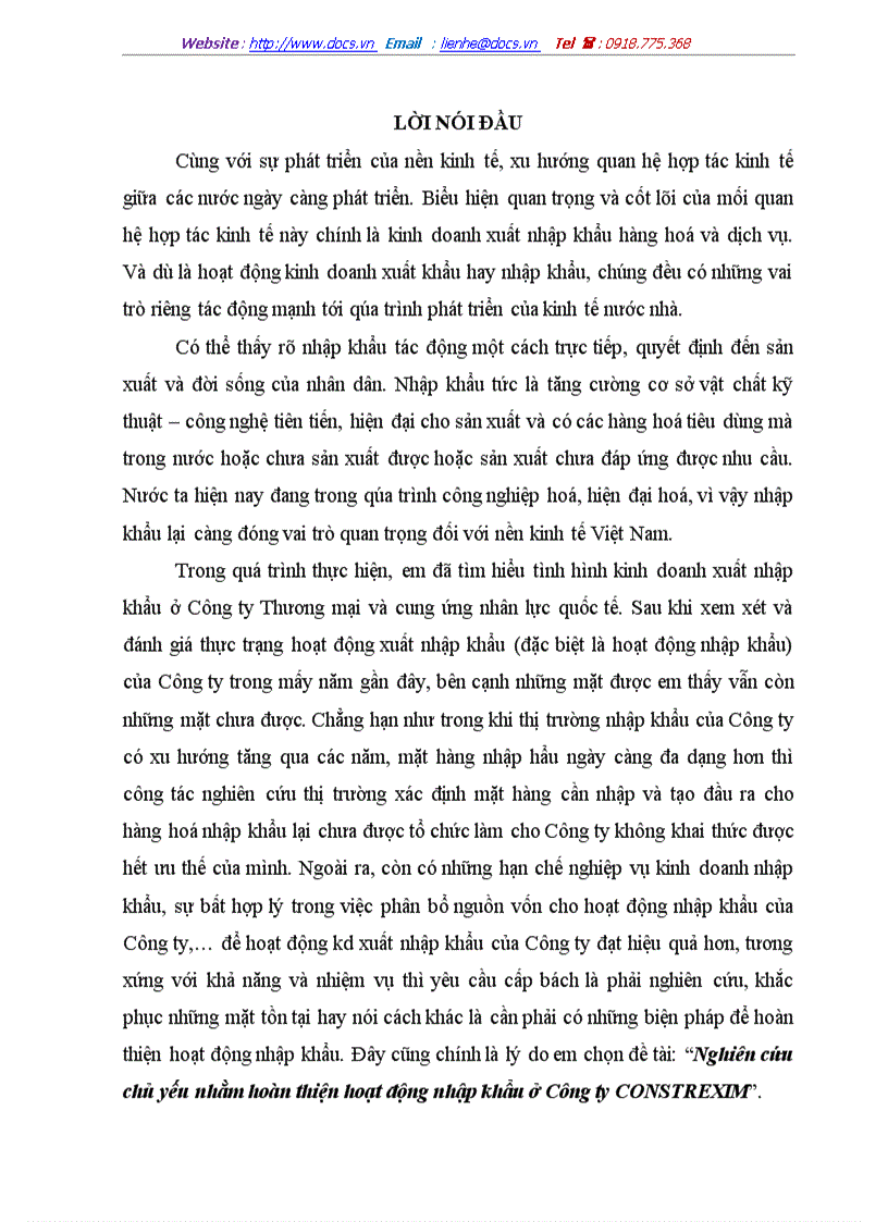 Nghiên cứu chủ yếu nhằm hoàn thiện hoạt động nhập khẩu ở Công ty CONSTREXIM