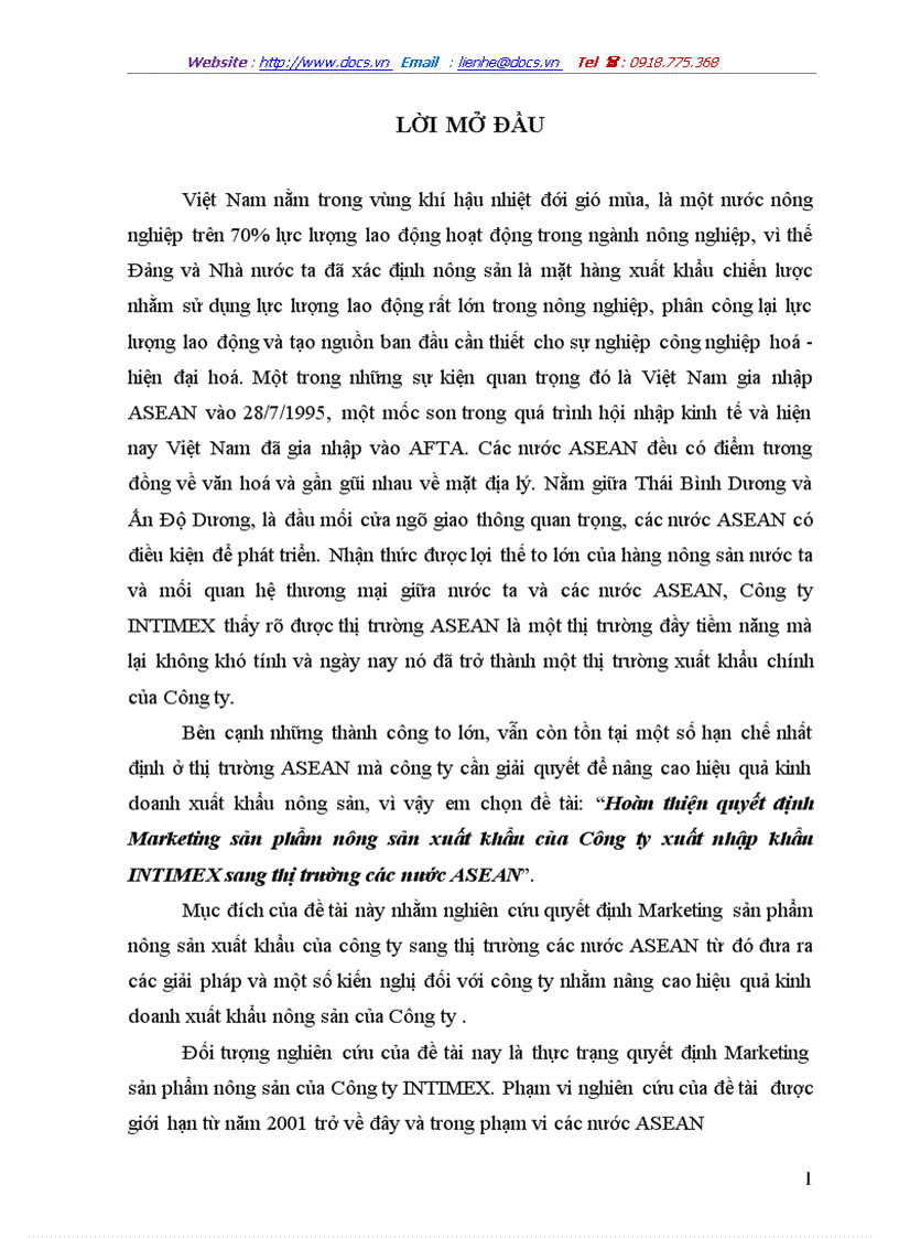 Hoàn thiện quyết định Marketing sản phẩm nông sản xuất khẩu của Công ty xuất nhập khẩu INTIMEX sang thị trường các nước ASEAN