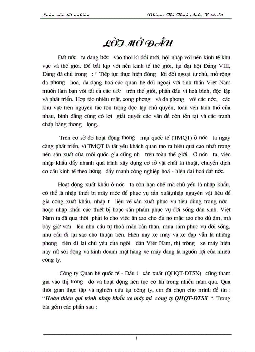 Một số giải pháp nhằm hoàn thiện qui trình nhập khẩu xe máy tại công ty QHQT ĐTSX