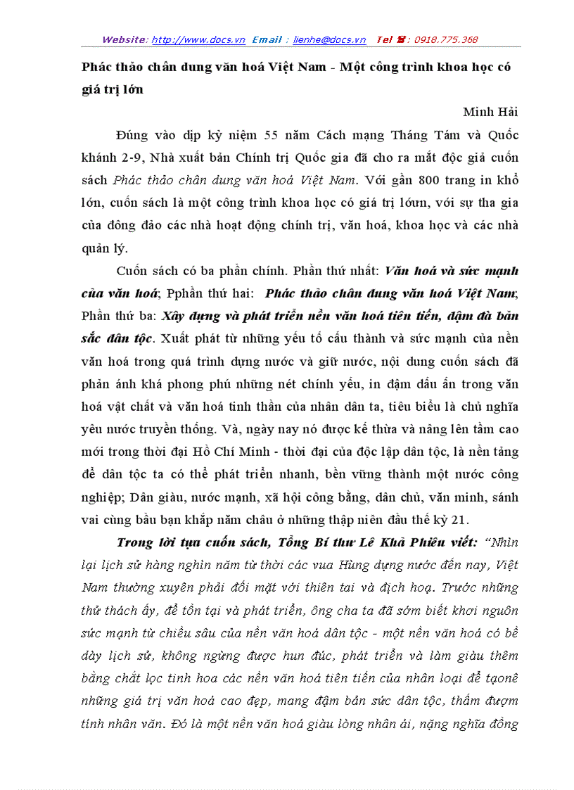 Phác thảo chân dung văn hoá Việt Nam Một công trình khoa học có giá trị lớn