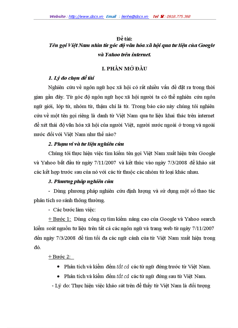 Tên gọi Việt Nam nhìn từ góc độ văn hóa xã hội qua tư liệu của Google và Yahoo trên internet