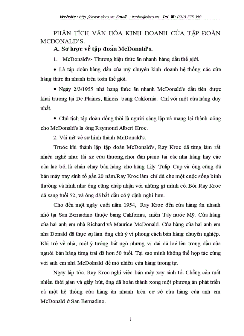 Phân tích văn hoá kinh doanh của tập đoàn Mcdonald s lt văn hoá gt