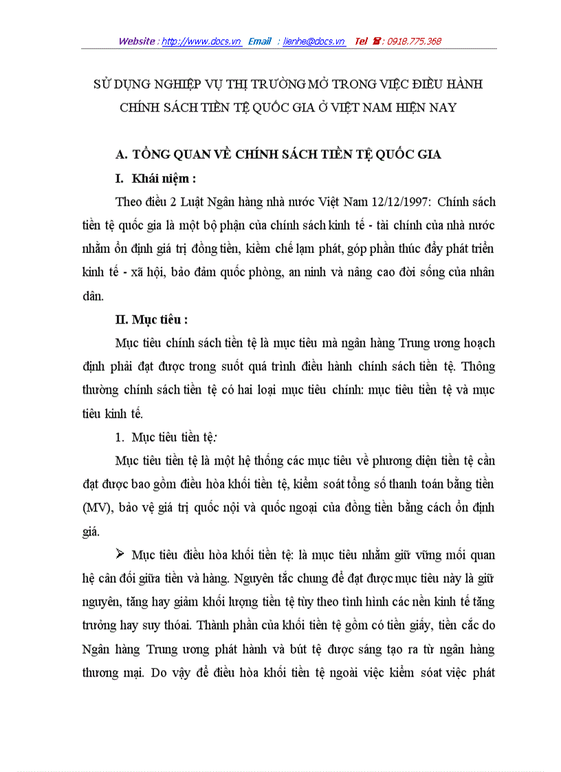 Sử dụng nghiệp vụ thị trường mở trong việc điều hành chính sách tiền tệ quốc gia ở việt nam hiện nay