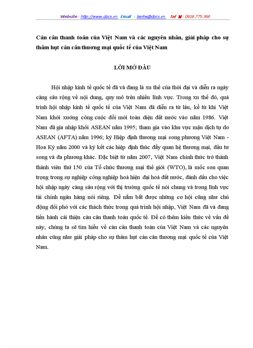 Cán cân thanh toán của Việt Nam và các nguyên nhân giải pháp cho sự thâm hụt cán cân thương mại quốc tế của Việt Nam