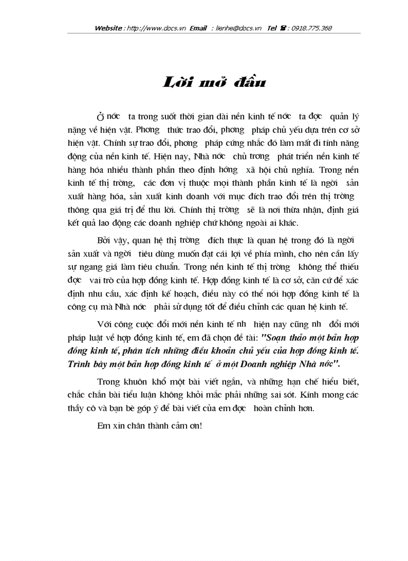 Soạn thảo một bản hợp đồng kinh tế phân tích những điều khoản chủ yếu của hợp đồng kinh tế Trình bày một bản hợp đồng kinh tế ở một Doanh nghiệp Nh
