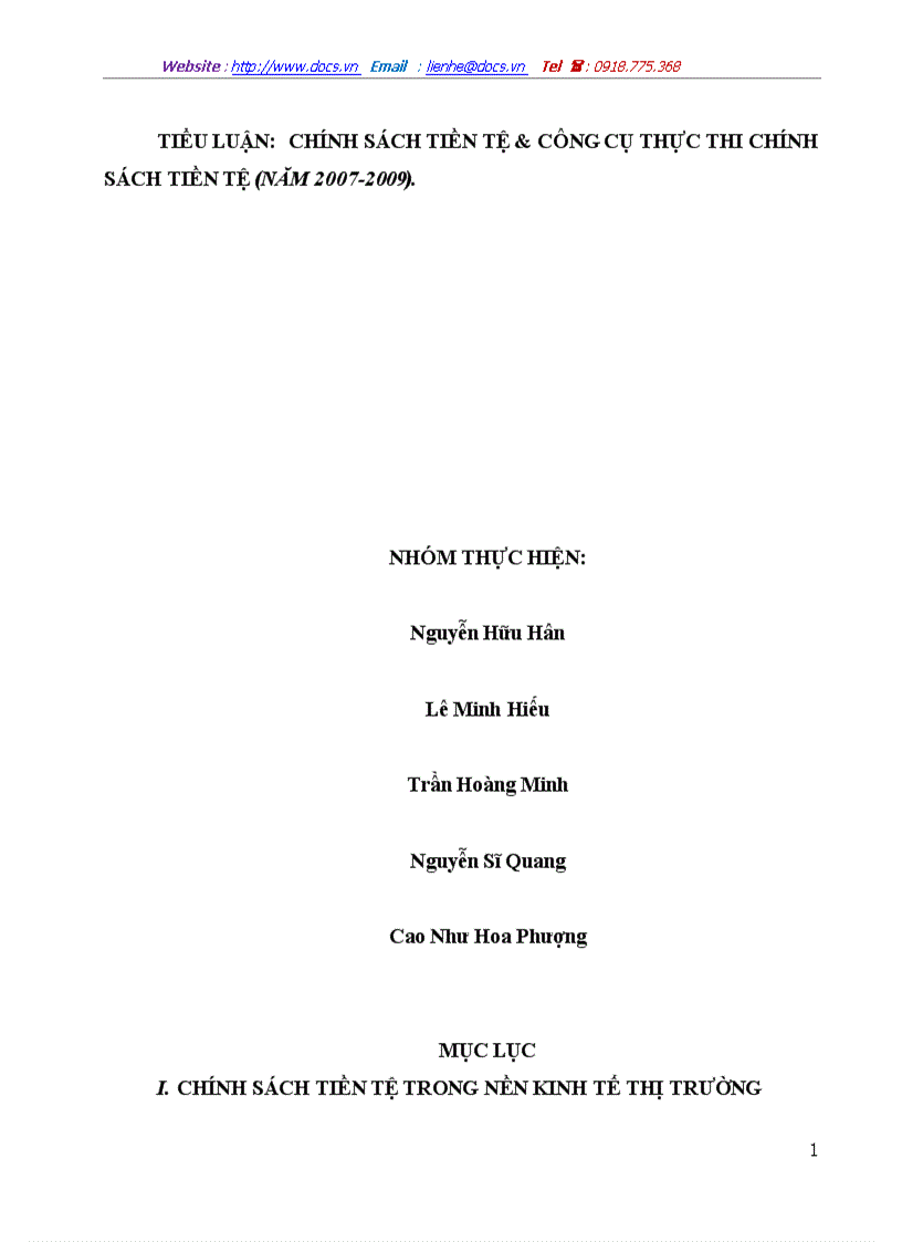 Chính sách tiền tệ công cụ thực thi chính sách tiền tệ năm 2007 2009