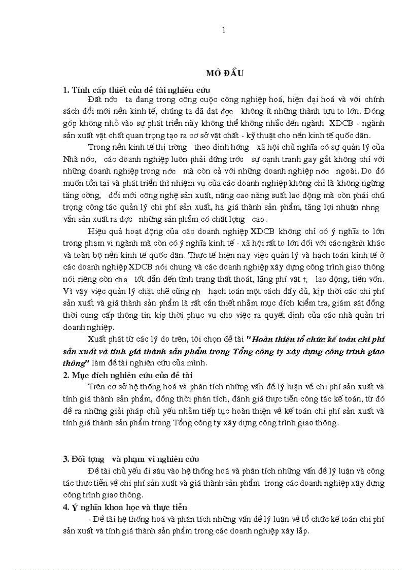 Luận văn Thạc sỹ Hoàn thiện tổ chức kế toán chi phí sản xuất và tính giá thành sản phẩm trong Tổng công ty xây dựng công trình giao thông