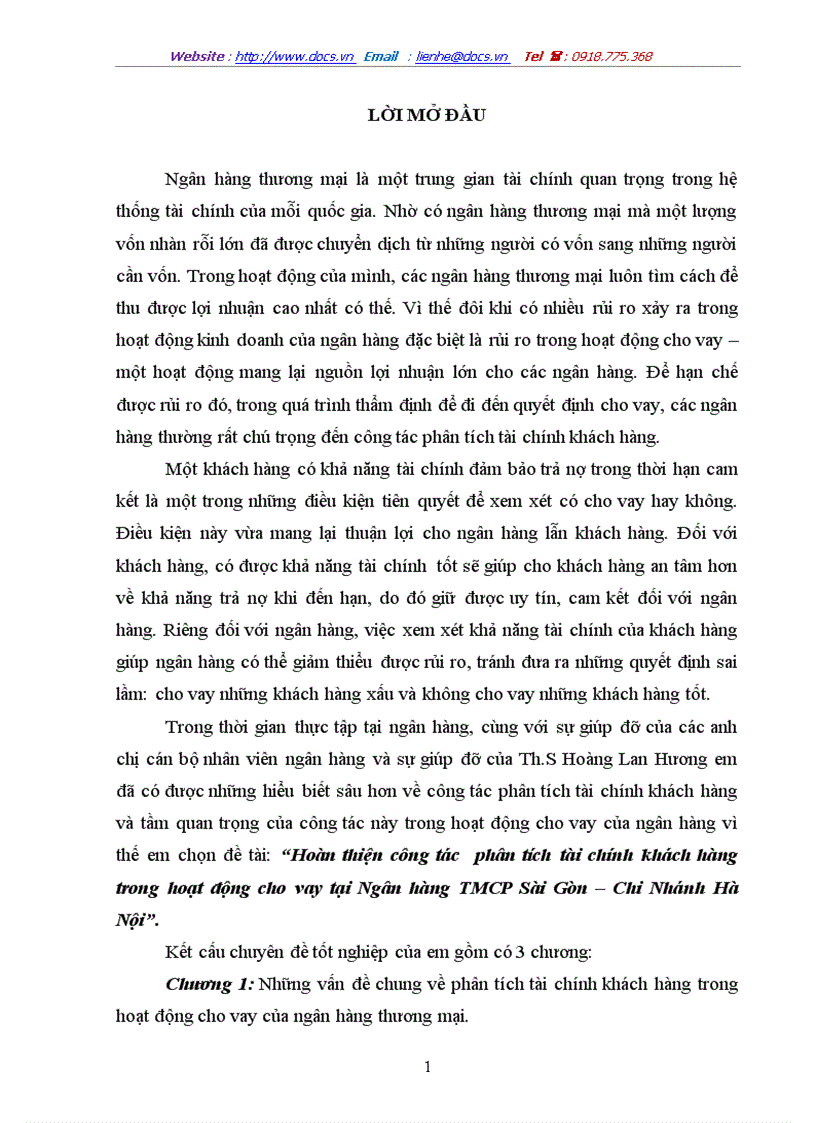 Hoàn thiện công tác phân tích tài chính khách hàng trong hoạt động cho vay tại Ngân hàng TMCP Sài Gòn Chi Nhánh Hà Nội