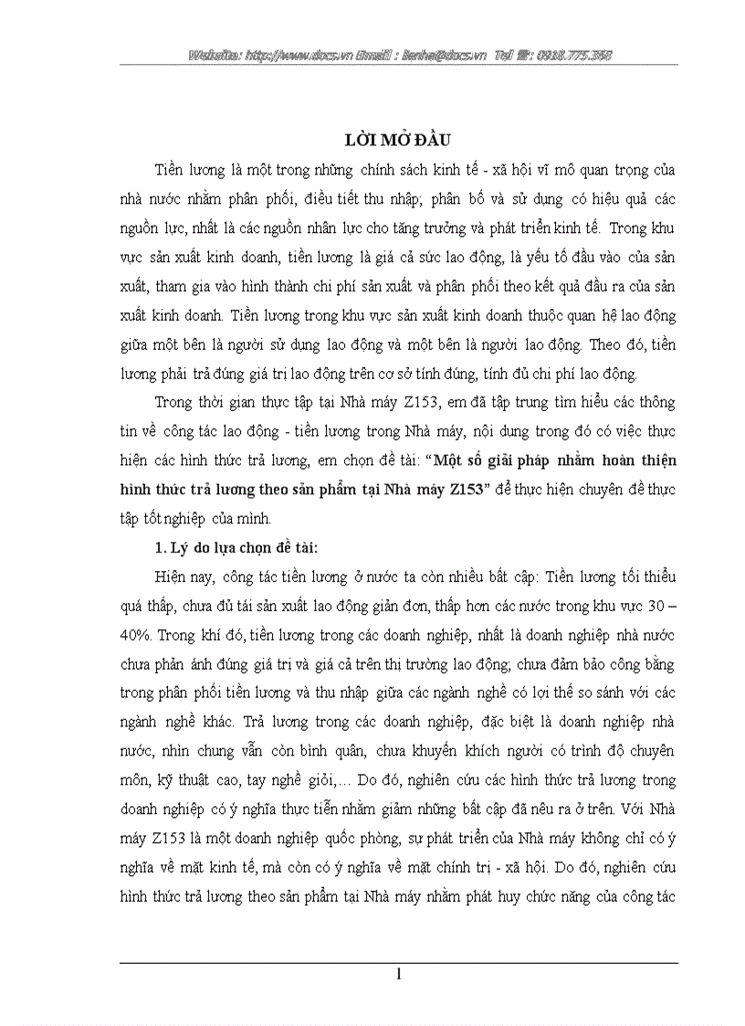 Một số giải pháp nhằm hoàn thiện hình thức trả lương theo sản phẩm tại Nhà máy Z153