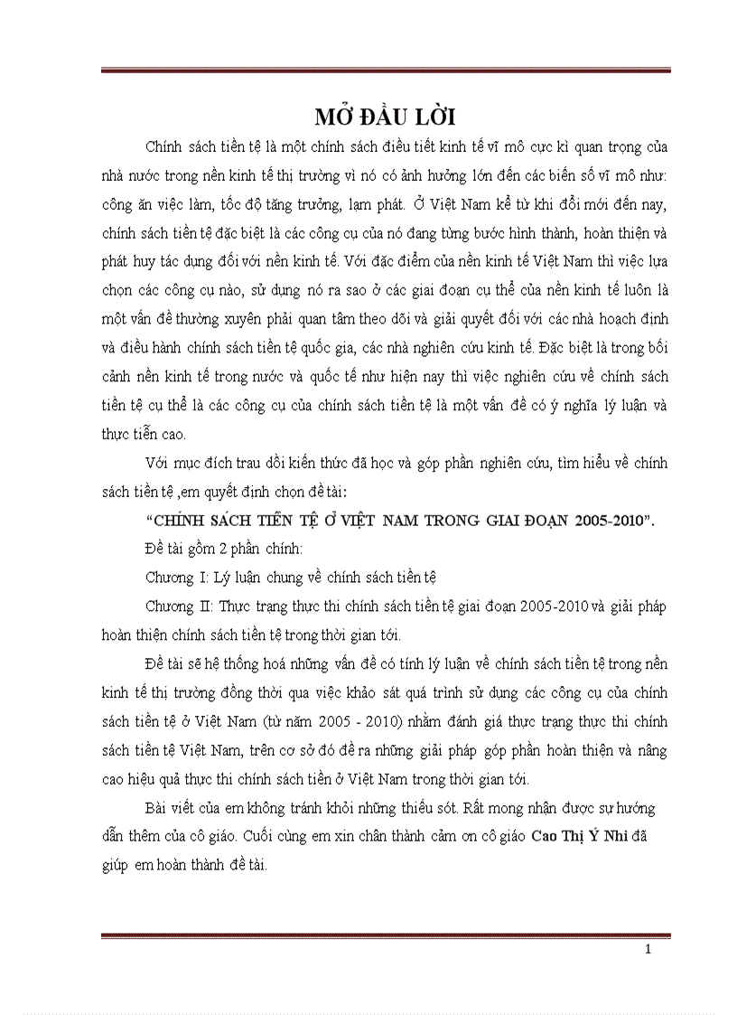 Thực trạng thực thi chính sách tiền tệ Việt Nam giai đoạn 2005 2010