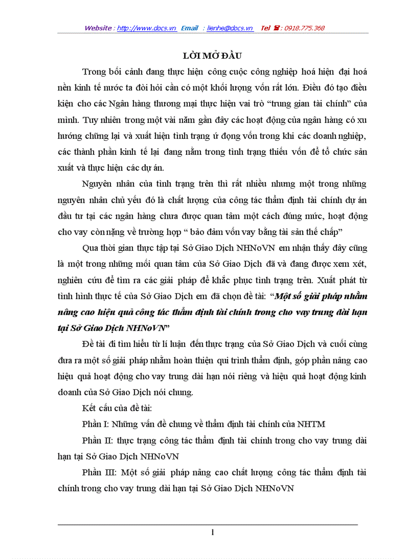 Một số giải pháp nhằm nâng cao hiệu quả công tác thẩm định tài chính trong cho vay trung dài hạn tại Sở Giao Dịch NHNoVN