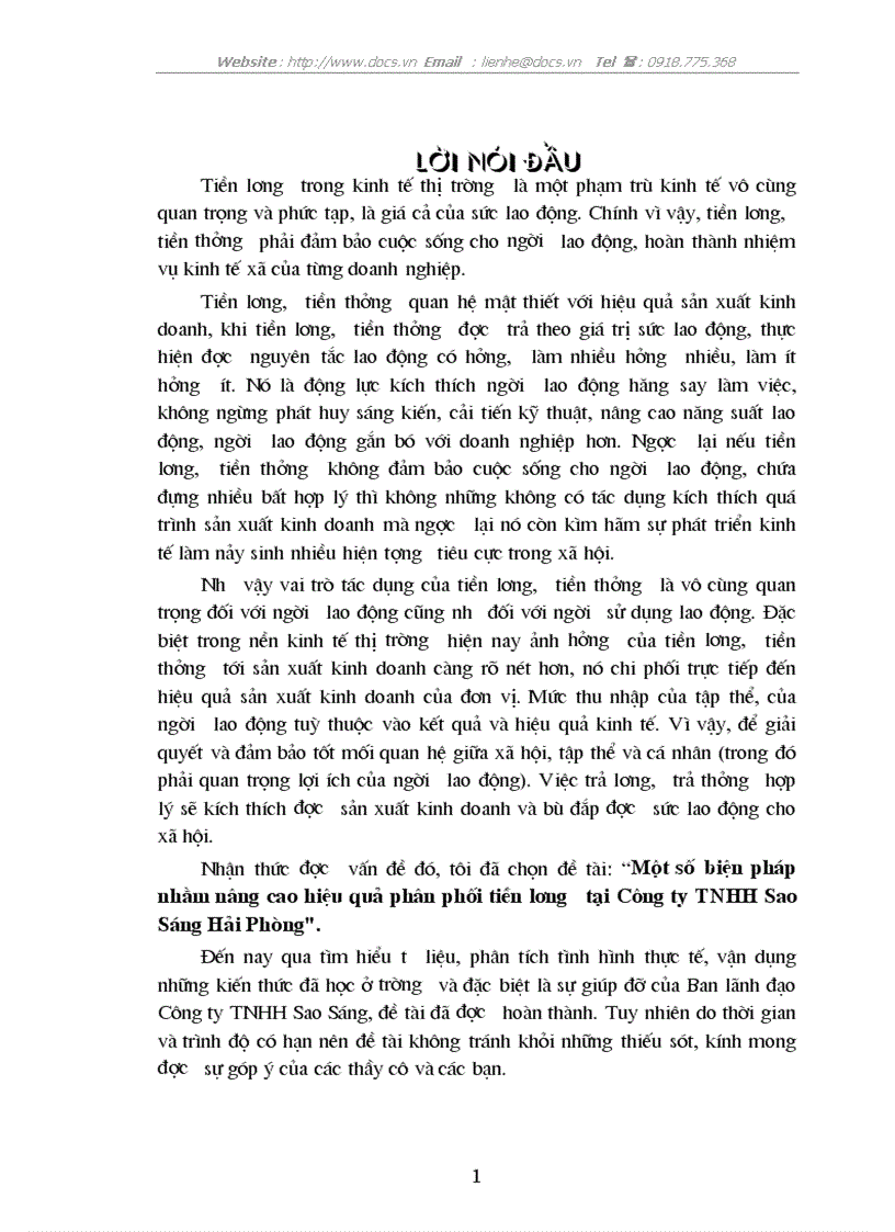 Một số biện pháp nhằm nâng cao hiệu quả phân phối tiền lương tại Công ty TNHH Sao Sáng Hải Phòng