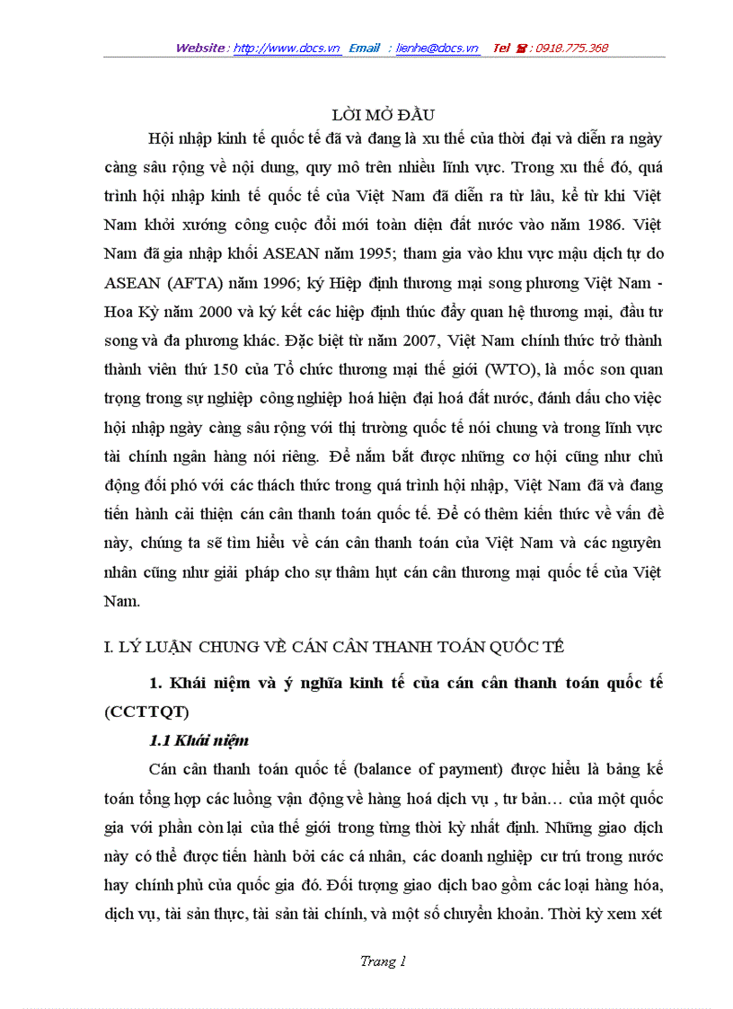 Niệm và ý nghĩa kinh tế của cán cân thanh toán quốc tế CCTTQT