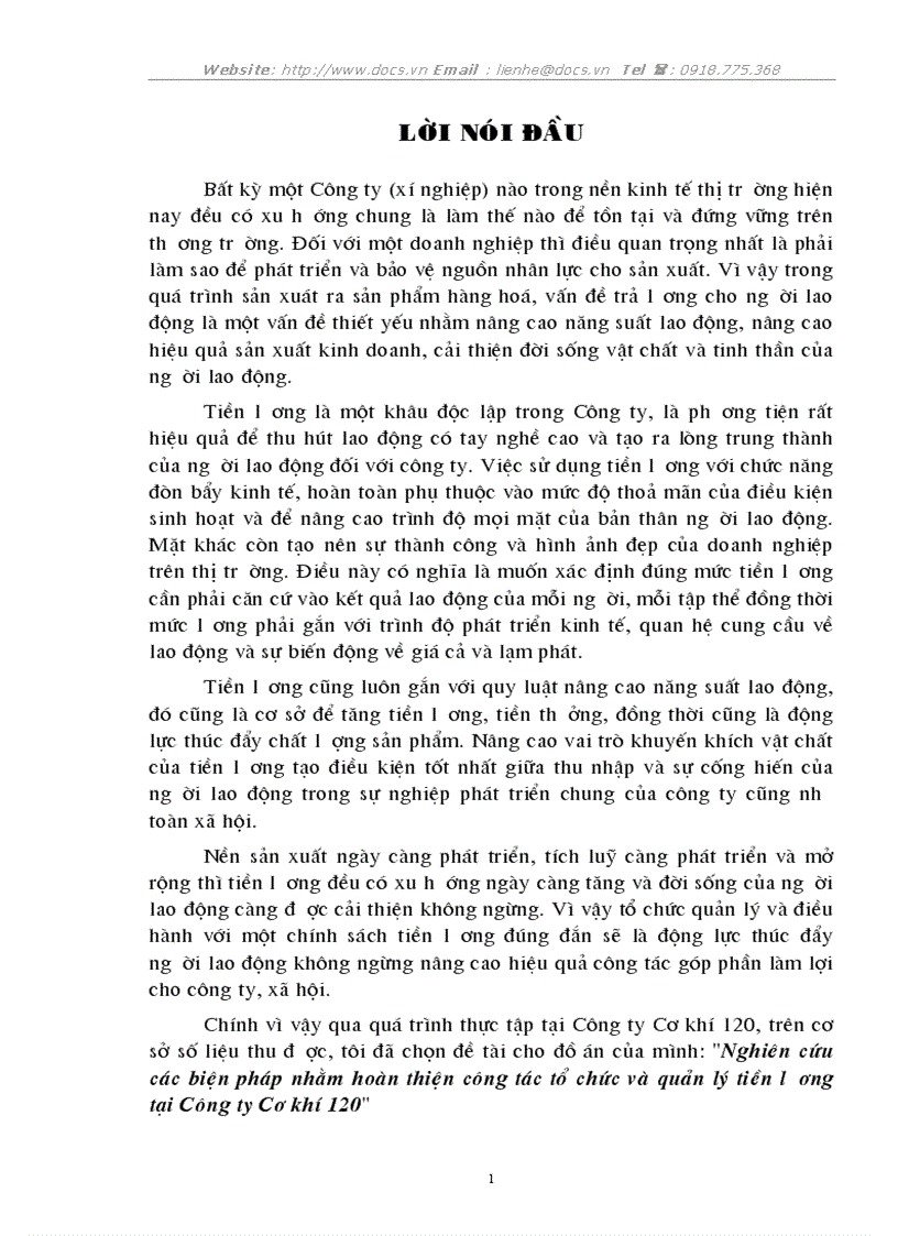 Nghiên cứu các biện pháp nhằm hoàn thiện công tác tổ chức và quản lý tiền lương tại Công ty Cơ khí 120